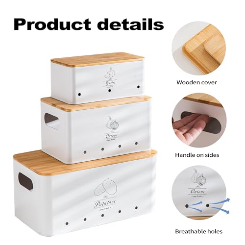 Metal Potato Onion and Garlic Storage Tin Set of 3, White Kitchen Vegetable Canisters with Bamboo Lid and Aerating Holes, Stackable Kitchen Keeper Storage for Countertop Pantry - color: A - White Vegetable Canisters