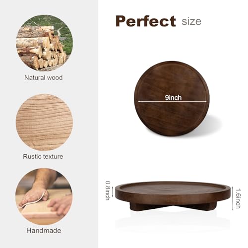 Round Decorative Tray Wood Bathroom Counter Organizer Farmhouse Kitchen Decor Wooden Riser for Soap Dish, Perfume, Candle, Sponge, 9" - Walnut - color: Walnut, size: 9"