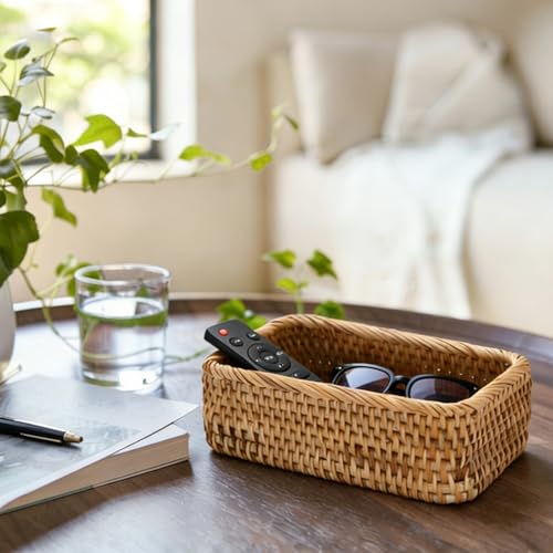 BTSKY Remote Control Basket 7.9" x 5.1", Decorative Small Basket Handwoven Rattan Storage for Jewelry, Cosmetics, Wicker Organizer Rattan Holder for Living Room Coffee Table Entryway Bedroom Vanity - size: 7.9'' x 5.1'' x 2.6''