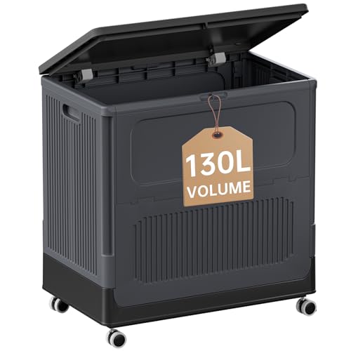 HAIXIN HOME 130L Rolling Laundry Hamper with Lid, Large Plastic Laundry Basket for College Dorm, Foldable Stackable Dirty Clothes Hamper Organizer for Industry, Bedroom, Living Room, Bathroom - Black - color: Black, size: 130L - 1 Pack