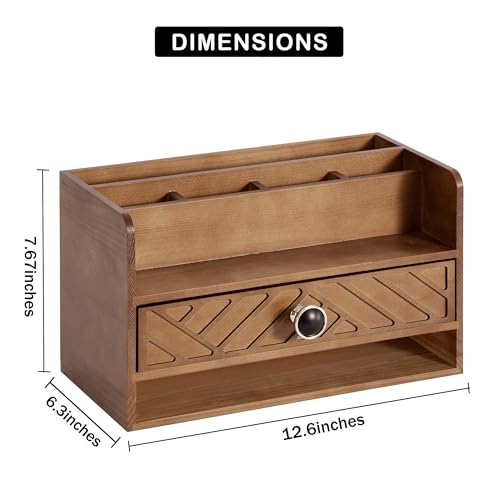 dreampossible Brown Wood Desk Organizer and Accessories with Drawer, Bill Mail Organizer and File Mail Holder for Office Supplies, Desk Accessories & Workspace Organizers - color: Brown