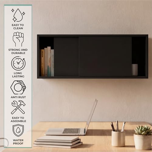 Tuhome Note 32-Inch Wide Wall Mounted Storage Cabinet with Sliding Doors, Compact Hanging Organizer for Bedroom, Living Room, Home Office & Garage | Wood Wall Cupboard, Space-Saving Storage Solution - color: Dark Wenge