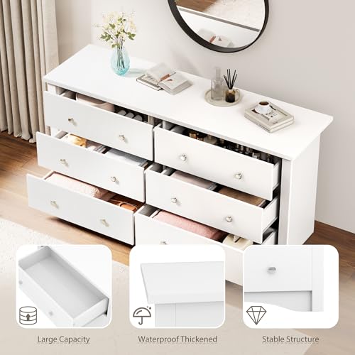 YESHOMY 6 Drawer Dresser for Bedroom, 47.2'' Wood White Dresser, Chest of Drawers Storage Organizer, TV Stand for 55 inch TV, for Living Room, Hallway, Closet - color: Light White