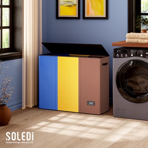 SOLEDI 180L Laundry Hamper 3 Section, Extra Large Laundry Hamper with Lid, Dirty Clothes Hamper with Sturdy Handle, Large Laundry Basket Organizer for Laundry Room, Bedroom, Hampers for Laundry - color: Blue/Yellow/Brown, size: 180L