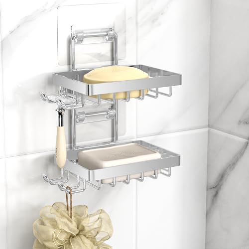 Moforoco Silver Double Soap Bar Holder for Shower, No Drilling Rustproof Stainless Steel, Wall Mounted Soap Holder with 4 Hooks and Razor Holder, Shower Rack Soap Tray Bar Soap for Bathroom & Kitchen - color: Silver, size: 2-T