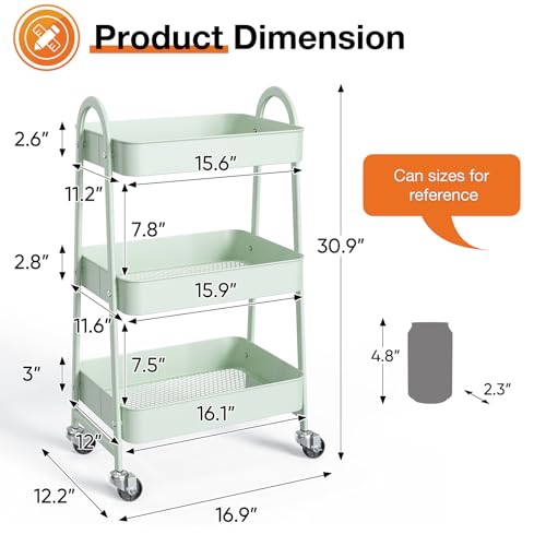 NEWBULIG 3-Tier Rolling Utility Cart with Locking Wheels, Slim Metal Mobile Storage Organizer Shelf for Small Spaces, Bathroom, Living Room, Green - color: Green, size: 3-Tiers