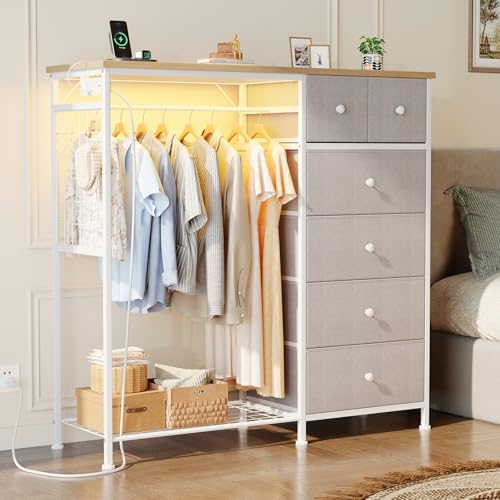 DUMOS Dresser for Bedroom with Hanging Rack, 6 Drawer Fabric Dresser with Charging Station and LED Lights, Closet Organizer & Storage Tower for Living Room, Entryway, Apartment, Light Grey - color: Light Grey, size: 15.8"D x 47.2"W x 49.2"H (6 Drawers)