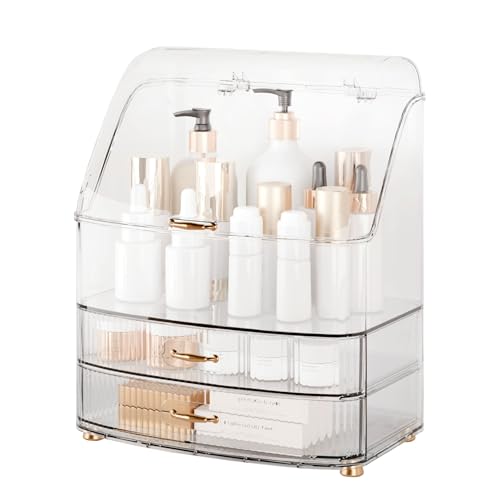 Makeup Organizer Countertop Vanity with Transparent Lid Drawers Waterproof Dustproof Cosmetic Skincare Bathroom Storage Gift for Women Teens Girls (Clear Whtie) - color: Clear Whtie