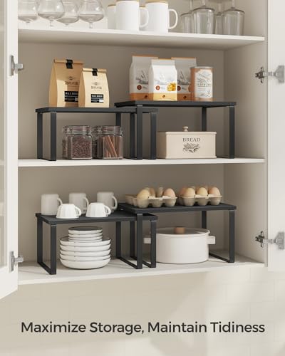 SONGMICS Cabinet Organizer Shelf, Set of 2 Kitchen Counter Shelves, Kitchen Storage, Spice Rack, Stackable, Expandable, Metal and Engineered Wood, Ink Black and Charcoal Black UKCS02B01 (Pack of 2) - color: Ink Black + Charcoal Black, size: 11.7"W (Pack o