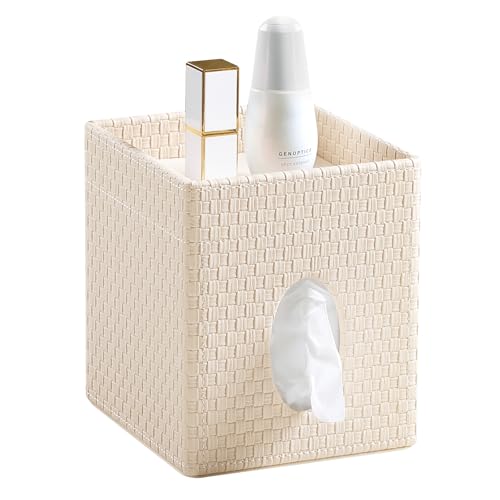 Square Tissue Box Cover, Stylish Leather Tissue Box Holder with Storage Tray, Decorative Tissue Rack Storage Box for Living Room, Bedroom, and Office Desk(Beige Woven Pattern) - color: Beige Woven Pattern
