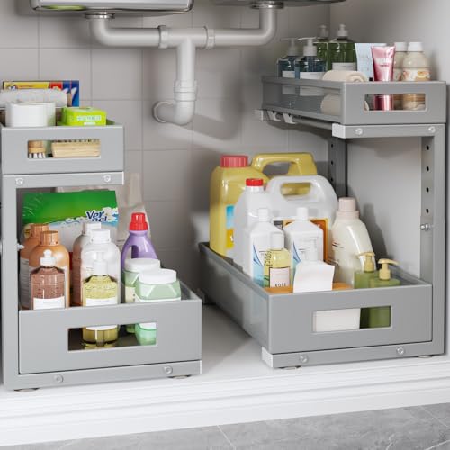 2-Pack Under Sink Storage Organizer, Large 2-Tier Elegant Mesh Pull Out Shelf for Kitchen and Bathroom Cabinet Organization, L-Shaped and Adjustable Height Design-Gun Gray - color: Gun Gray, size: 2 Pack-15.74"Dx11.4"-16.14"H