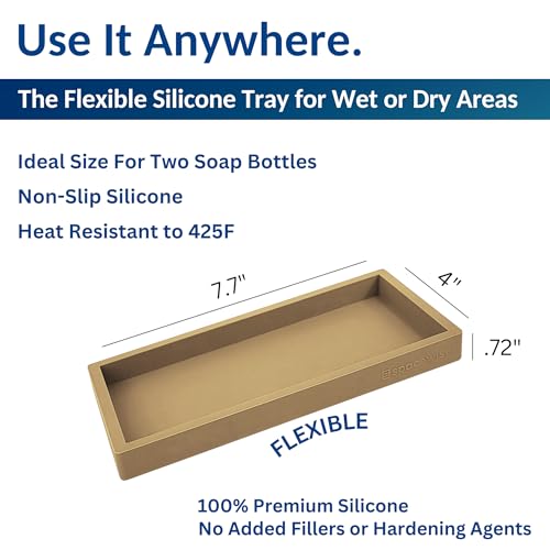 Spacewiser Countertop and Vanity Tray – Small 7.7" Silicone Soap Dispenser Trays, Flexible Bathroom Trays, Dish Soap Holder Kitchen Counter Caddy, Organizer Sink Tray for Soaps Bottles, Sponge, Keys - color: Latte Tan, size: Small 7.7”