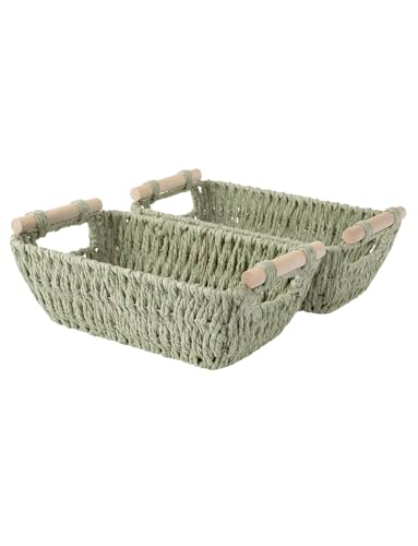 StorageWorks Round Paper Rope Woven Basket with Wooden Handles for Gifts, Small Woven Baskets for Shelf, Bosana Green, 2-Pack - color: Bosana Green, size: Small