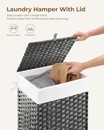 Greenstell Laundry Hamper with Lid, 60L Clothes Hamper with 2 Removable Liner Bags & 2 Mesh Laundry Bags, Handwoven Synthetic Rattan Laundry Basket for Clothes, Toys in Bathroom, Bedroom Grey - color: Gray, size: 60L (13.4 x 13.4 x 21.7 inches)