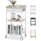 4-Tier Small Side Table with Storage Drawer, Tall Nightstand with Wheels & Basket, Rolling Bathroom Table for Small Spaces, Bedroom, Living Room, Dorm, White and Natural - color: White With Natural