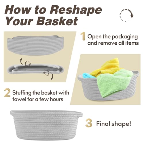 Pro Goleem Small Woven Basket with Gift Bags and Ribbons Durable Baskets for Gifts Empty Small Rope Basket for Storage 12"X 8" X 5" Baby Toy Basket with Handles, Gray - color: grey