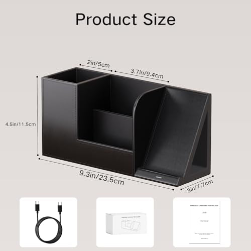 LADSTAG Pen Organizer with Phone Stand,Black Vegan Leather Desk Organizers with Remote Control Holder,Pencil Holder for Desk,Desk Organizer with Phone Charger for Office/Nightstand/Endtable - color: Black, size: L
