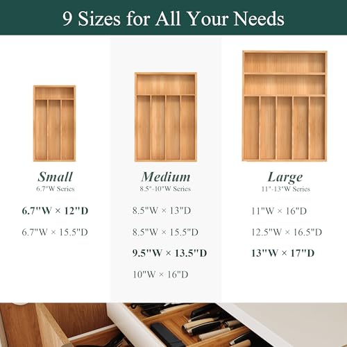 Bamboo Silverware Organizer, Kitchen Drawer Organizer, Utensil Holder, Cutlery Tray & Spoon Flatware Storage with Grooved Drawer Dividers (9.5''W x 13.5''D) - color: Natural, size: 9.5''W x 13.5''D