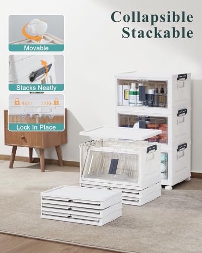 OlarHike 23QT Stackable Storage Bins with Lids - Folding Storage Box with Doors and Wheels, Collapsible Plastic Storage Bins for Closets and Organization, Bathroom, Office, Gifts, 3 Pack Cubes - size: 23QT-White, style: 3Pack