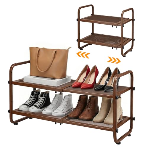 Expandable Shoe Rack for Closet - Shoe Organizer for Entryway, Adjustable Metal Shoe Storage, Stackable Long Shoe Stand Holder for Garage, Hallway, Door Entrance (Brown, 2 Tier) - color: Brown, size: 2 Tier
