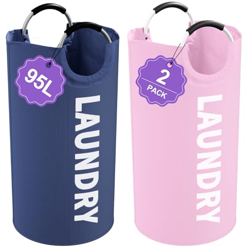 2Pcs Folding Laundry Basket for Adult, 95L Portable Laundry Baskets with Aluminum Handles, Multi-functional Dirty Clothes Hampers for Bedroom, Travel, Navy Blue + Pink - color: Navy Blue + Pink, size: L-95L