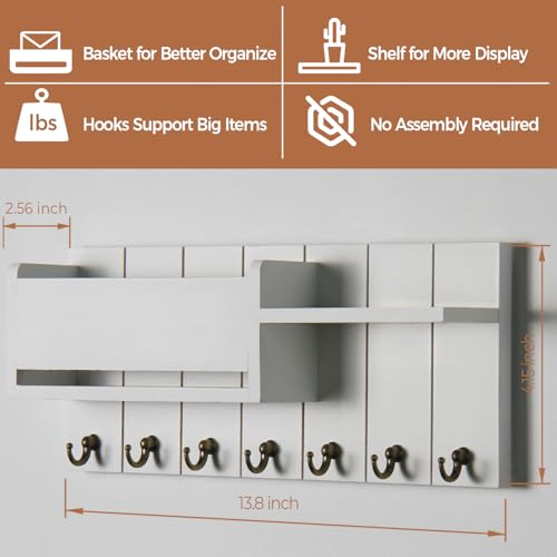 RelaxScene Key Holder Wall Mount - Decorative Key Rack and Mail Organizer with 7 Key Hooks - Wooden Key Hanger with Shelf for Living Room Decor - Rustic Farmhouse Home Entryway Aesthetic Essentials - color: White, size: L(13.8''x6'')