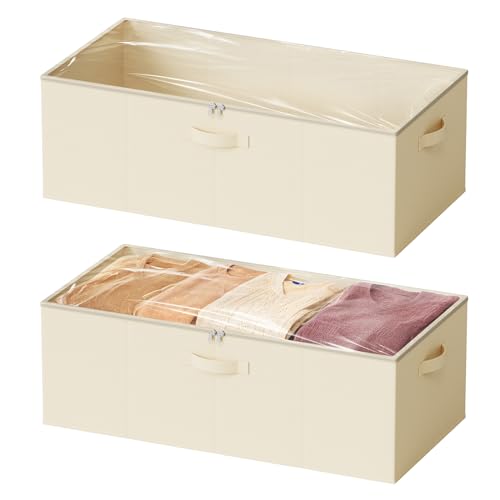 SpaceAid 2 Pack 10" High Under Bed Storage Containers, Large Underbed Storage Organizer Bins with Lids for Bedroom, Dorm, Clothes, Closet Organization, Bed Sheets and Blankets (Beige) - color: Beige