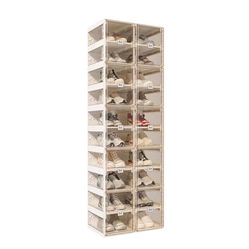 ANTBOX Foldable Shoe Rack,Shoe Organizers for Closet Plastic Shoe Storage Box for Entryway,Living Room,Large Sturdy Stackable Sneaker Cabinet Bins with Magnetic Clear Door 10 Tiers 20 Pairs - color: Brown, size: 10 Tiers 20 Pairs