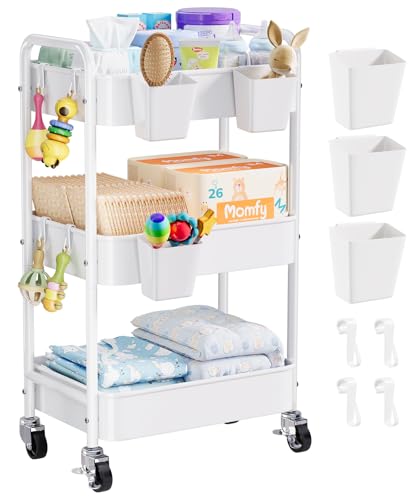 Diaper Cart Organizer with Wheels, 3 Tier Rolling Bedside Cart for Baby Essentials, Baby Organizers and Storage Diaper Caddy Carts for Changing Table, Crib, Bedroom, Newborn Nursery Supplies, White - color: White, size: 3-Tier + Cups + Hooks