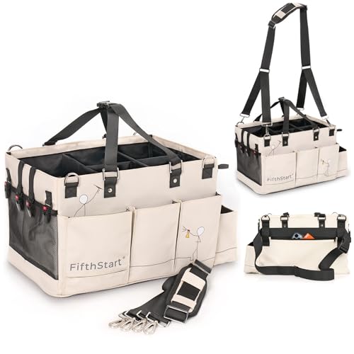 FifthStart Multiuse Cleaning Caddy with Waist & Shoulder Strap,9 Pockets Professional Bag, Mesh Base & Adjustable Compartments - Beige Large Organizer with Handle - Cleaning Caddy Bag (Beige, Large) - color: Beige, size: Large
