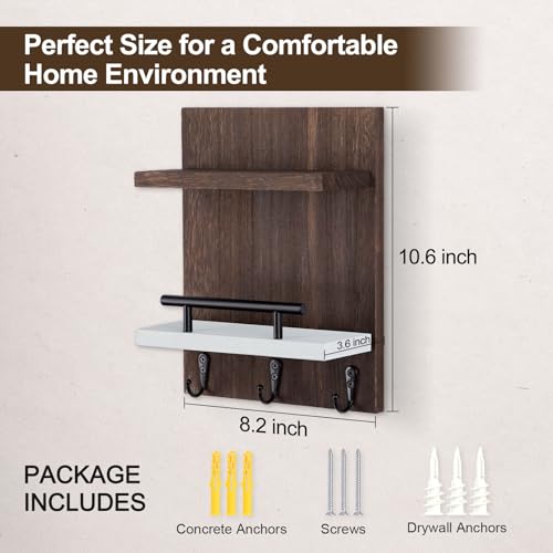 Key Holder Wall Mount, Key Holder With 2 Display Shelf, 3 Hooks for Key, Coat, Dog Leash, Key Hanger with Hook for Mail, Potted Plant, Farmhouse Mail Holder, Entry Way Organizer (Brown & White) - color: Brown & White