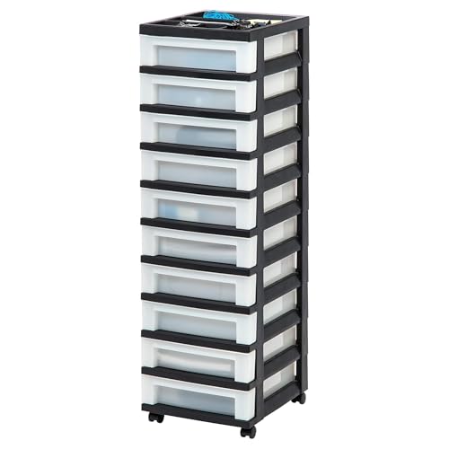 IRIS USA Plastic Drawer Storage Organizer Rolling Cart, 2-Pack, with Wheels Casters, 10-Drawers, for Classroom Art Craft Supplies Dresser Closet Bathroom Laundry Room, Black/Pearl - color: Black, size: 10 Drawer with Wheels - 2 Pack