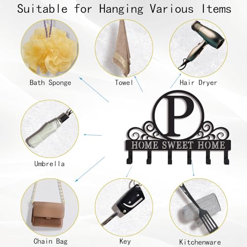 Metal Letter P Key Holder for Wall, Monogram Coat Rack Wall Mount, Key Hooks Perfect for Bathroom, Living Room, Kitchen, Office Ideal Wedding, Anniversary, Housewarming Gift (P) - style: P