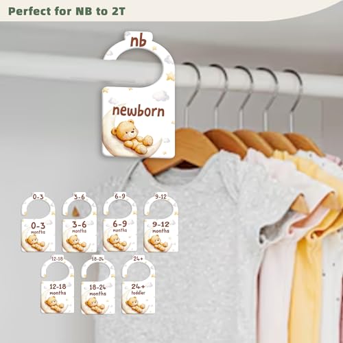 JMOST Bear Baby Closet Dividers for Nursery Closet Organizer, Newborn to 24 Months Size Clothes, Bear Moon Hangers with Size Dividers, Double Sided - color: Brown