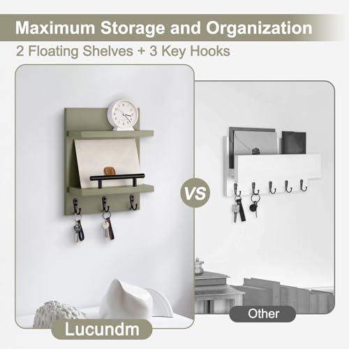 Key Holder Wall Mount, Mail Shelf Decor with 3 Key Hooks, Versatile Wood Wall Organizer for Entryway Hallway (8.2” x 10.6”x 3.6”) (Sage Green) - color: Sage Green