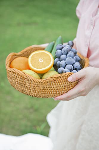 HITOMEN Handmade Rattan Bread Baskets Round Wicker Fruit Serving Storage Bowls, Natural Woven Decorative Kitchen Counter Organizing (Honey Brown) L-11.5" - size: Large