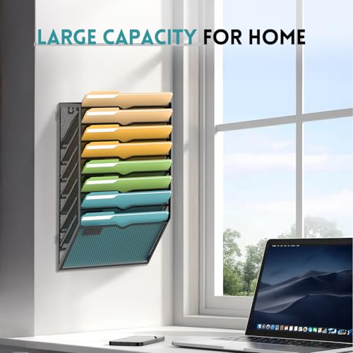 SUPEASY 8 Tier Wall File Organizer, Hanging Wall Mounted Mail Organizer with Label Slots, Metal Mesh File Holder Magazine Rack for Office, Home, School or Classroom, Black - color: Black, size: 8-Tier