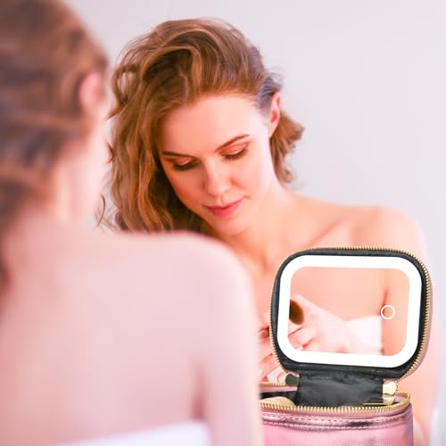 Mini Makeup Bag with Led Mirror,Small Travel Make up Bag 3 Light Modes Adjustable Brightness, for Women Organizer Cosmetic Bag, Portable Travel Train Toiletry Bag, for Pool Parties Work Touch-Ups - color: Roses