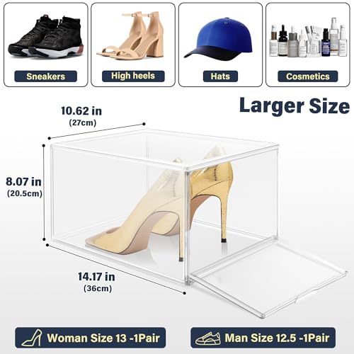 Size 12 Clear Shoe Boxes with Acrylic Magnetic Front Door Plastic Stackable Shoe Organier for Sneaker & Boots Collection, Space-Saving Shoe Storage for Closet Entryway, Bedroom - size: Size 11.5 - 1 Pack
