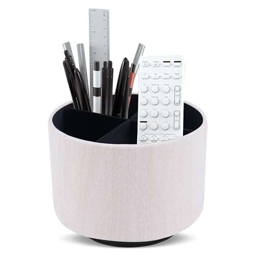 Round Leather Art Supply Organizer,Remote Control Holder,360 Degree Spinning,Multi-Functional Pencil Holder,4 Compartments Desktop Stationary Organizer(1-Thin Wood White) - color: 1-Thin Wood White