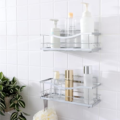 KINCMAX Iron Shower Caddies - Self Adhesive Bathroom Shelves for Showers - Wall Organizer Shampoo Holder Shelf - Peel and Stick On Caddy Bath Tub Rack - Pack of 2 Holders - Silver - style: 2-Pc Caddies - Wavy, Silver