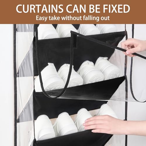 WERNNSAI Over the Door Shoe Organizer with Clear Curtain Dustproof, 9-Shelf Shoe Rack, Deep Pockets Large Hanging Shoes Rack for Closet Door Dorm Bedroom Guest Room Black