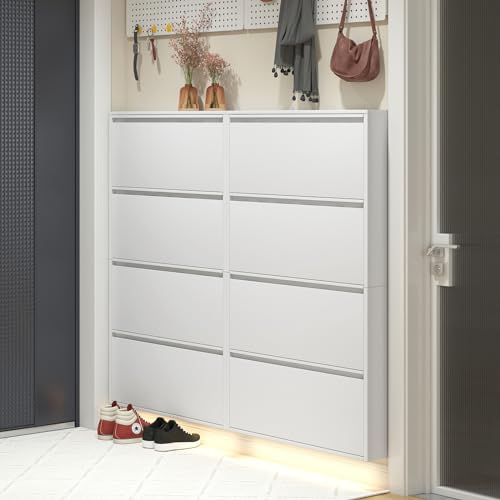LUCYPAL Shoe Cabinet for Entryway,White Narrow Shoe Storage Cabinet with 4 Flip Drawers,Metal Slim Wall Mounted Shoe Cabinet for Entryway,Hallway,Living Room,White - color: White, size: 4 Drawers