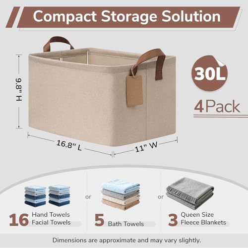 CHICVITA 4 Pack Large Storage Baskets for Shelves, Collapsible Towels Organizer Bins with Metal Frame, Closet Organizers and Storage Basket for Toys, Blankets, 16.8" x 11" x 9.8", Brown - color: Brown, size: 30L (16.8"L x 11"W x 9.8"H)