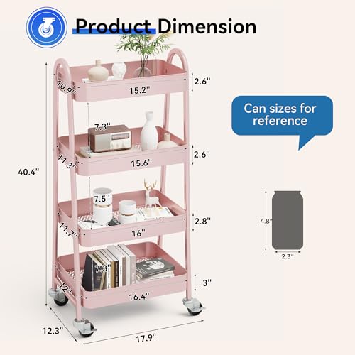 NEWBULIG 4-Shelf Rolling Utility Cart with Locking Wheels, Slim Metal Mobile Storage Organizer Shelf for Small Spaces, Bathroom, Living Room, Pink - color: Pink, size: 4-Tiers
