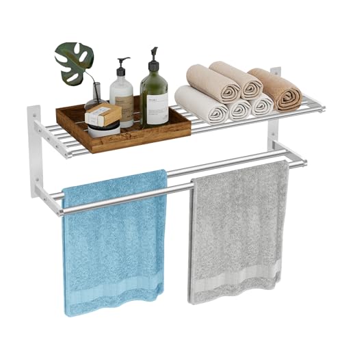 Towel Racks for Bathroom 24 Inch, 2 Tier Towel Shelf with Double Towel Bar, Stainless Steel Bath Towel Rack Wall Mounted, Towel Holder Towel Storage Rack for Bathroom, Brushed Nickel - color: Brushed Nickel, size: 2-Tier