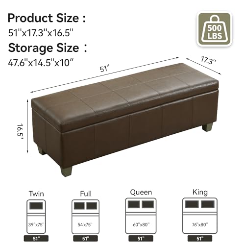 WUTUTUEE 51" Faux Leather Storage Ottoman, Stitch Tufted Rectangle Upholstered End of Bed Storage Bench, Entryway Large Couch Ottoman with Wooden Legs, Coffee - color: Coffee, size: 51 Inch