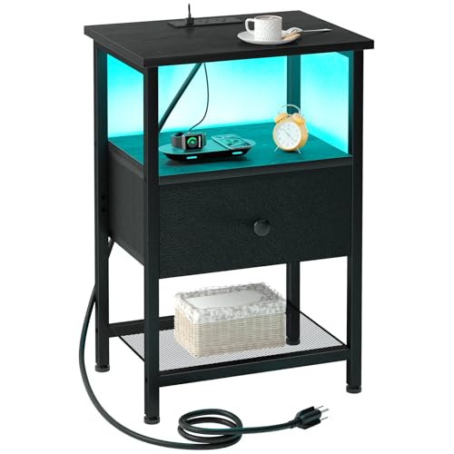 LOAKEKEL LED Night Stand with Charging Station, Small Bedside Table with USB Ports & Outlets, Fabric Storage Drawer with PU Finish for Bedroom, Black, HETS01BK-1 - color: Black, style: One-drawer