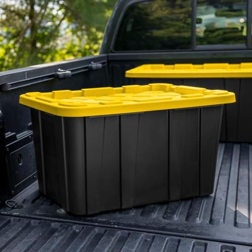 Sterilite 4-Pack 27 Gallon Industrial Storage Tote, Heavy-Duty Plastic Bins, Black/Yellow - Stackable Utility Organizers with Lids for Garage, Camping Tools, and Outdoor Gear - size: 27 Gallon - Black/Yellow
