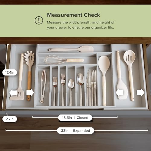 KitchenEdge Premium Silverware, Flatware and Utensil Organizer for Kitchen Drawers, Food-Safe Contract Grade, Expandable from 18 to 33 In, Gray Bamboo - color: Gray Bamboo, size: From 18" to 33" wide